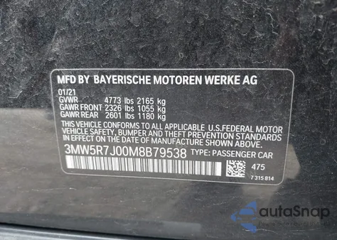 2021 BMW 330I xDrive z USA, uszkodzony, nr VIN 3MW5R7J00M8B79538